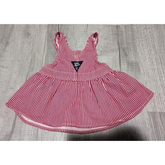 OshKosh Baby Bgosh Vestbak Jumper Dress 6 Months Girls Red Train Striped - Picture 6 of 7